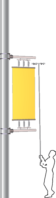 Illustration of the Streetview Quick Install Banner Installation System being raised on a pole by a person using a rope.