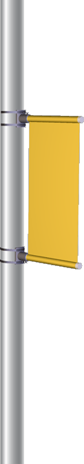 Illustration of the StreetView Single Banner Bracket System attached to a pole, holding a vertical yellow banner.