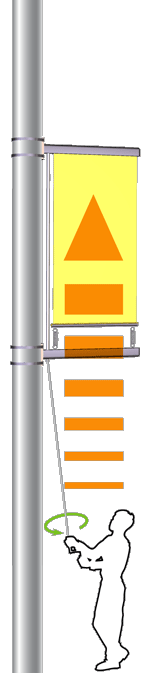 Illustration of the StreetView Up-N-Down Banner Hoisting System Bracket Attachment Kit being used to raise a banner on a pole.