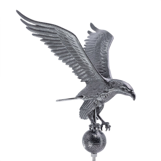 Swedish Iron cast aluminum eagle flagpole ornament, right-side view showing wing and detail, made in USA.
