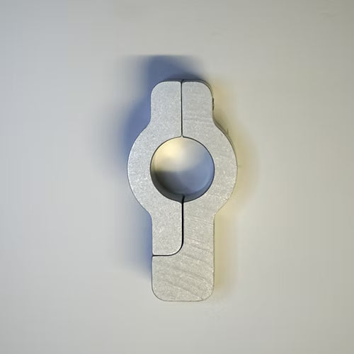 Load image into Gallery viewer, Custom oval swiveler boat flagpole rail clamp made of unpainted marine-grade aluminum, shown in two split pieces, used as the essential mounting hardware for a boat flag staff.
