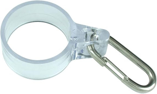 Clear plastic Telescoping Flagpole Bottom Flag Harness (Eder) with an attached silver metal snap hook.