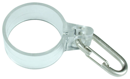 Clear polycarbonate Telescoping Flagpole Top Flag Harness with an attached silver metal snap clip.