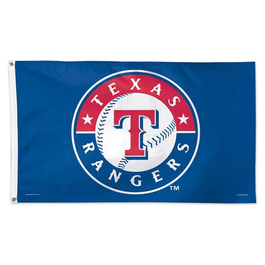 Blue flag featuring a white and red circular logo with a large 