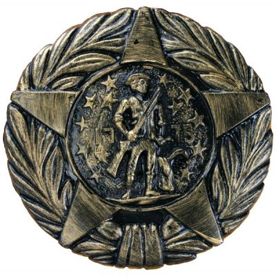 Antique bronze thermoplastic memorial marker for the American Revolutionary War, showing a soldier, stars, and the 1775 date within a central star design.