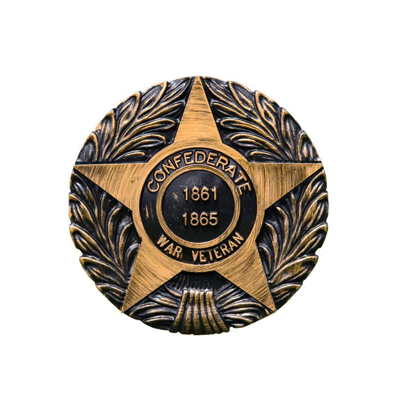 Load image into Gallery viewer, Circular Confederate War Veteran thermoplastic marker (1861-1865) with a central star, text, and decorative bronze laurel wreath.
