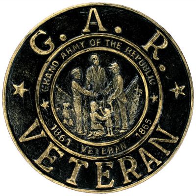 Detailed Grand Army of the Republic (G.A.R.) Civil War Veteran thermoplastic marker (1861-1865), featuring a central scene of soldiers.