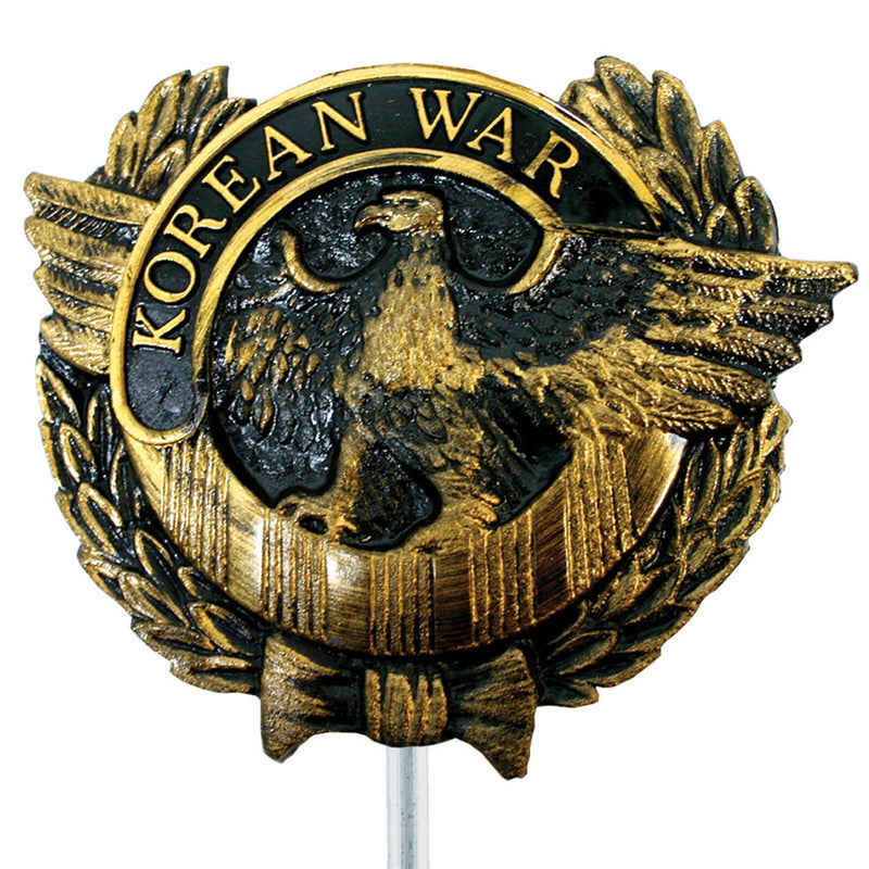 Load image into Gallery viewer, Gold and black thermoplastic Korean War memorial marker featuring a central eagle with wings spread, framed by a laurel wreath and mounted on a small rod.

