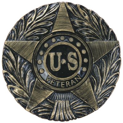 Circular thermoplastic memorial grave marker featuring a central star, laurel wreath, and a black circle with bold U.S. Veteran text.