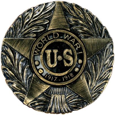 Load image into Gallery viewer, Circular, antique-look thermoplastic World War I memorial marker (1917-1918), featuring the U.S. Veteran title over a central star and leaf pattern.
