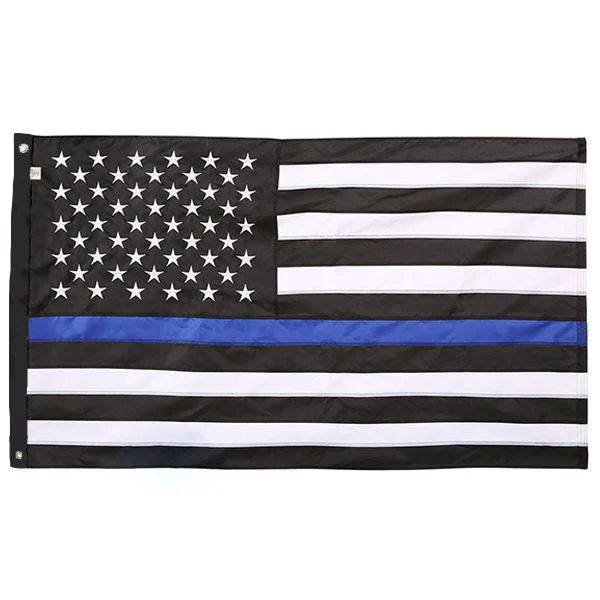 Load image into Gallery viewer, Thin Blue Line American Flag showing a blue stripe across the black and white sewn field, featuring embroidered white stars.
