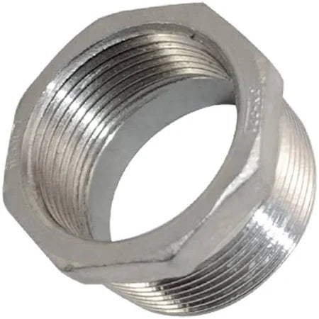 A silver metal thread adapter for flagpole tops.