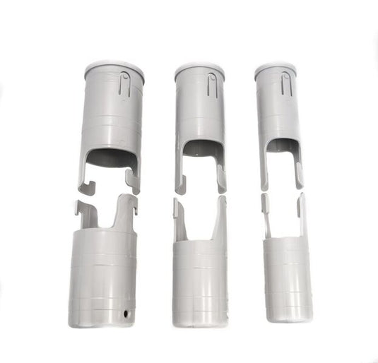 Three sets of gray plastic Interlocking Sleeve Sets for the Titan Telescoping Flagpole, used to secure pole sections.