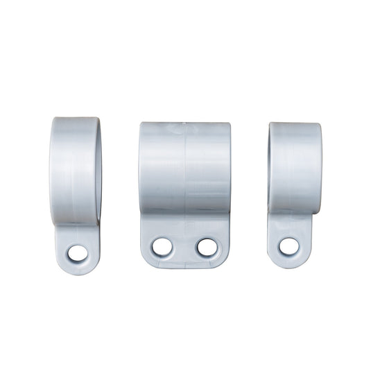 Set of three silver gray swivel rings for the Titan telescoping flagpole. The plastic clips are shown side-by-side, each featuring a lower tab with one or two holes for flag attachment.