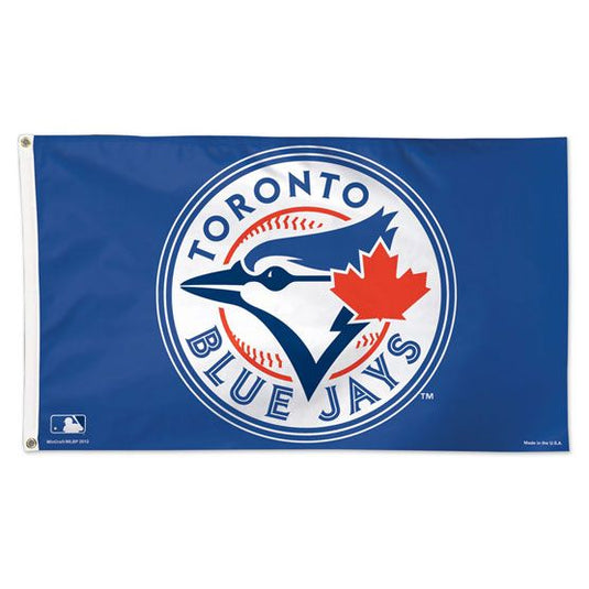 Blue flag featuring the Toronto Blue Jays logo: a stylized blue jay head with a red maple leaf, encircled by text, conveys baseball pride.