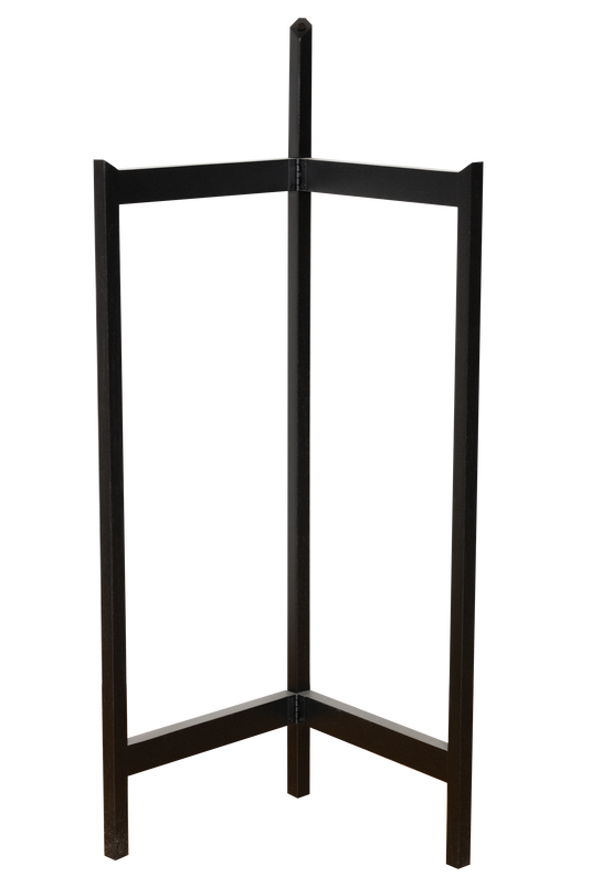 Simple black metal stand against a black background, featuring three angular legs meeting at the top and base, conveying minimalism and elegance.