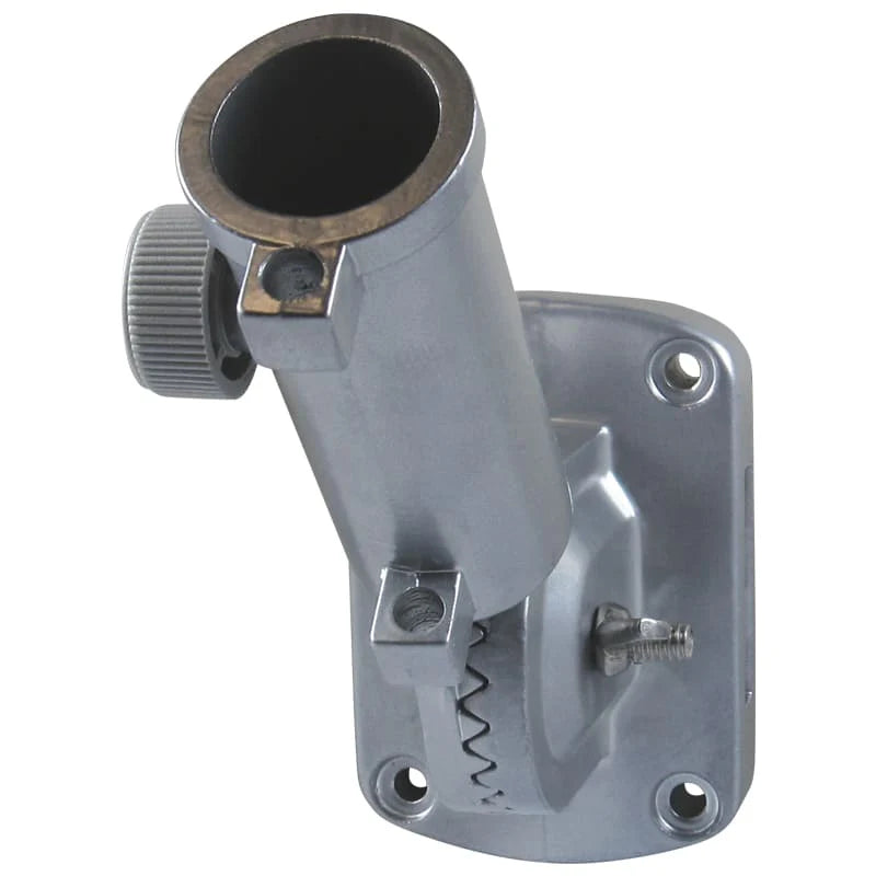 Load image into Gallery viewer, Silver finish Ultimate Adjustable Bracket with a thumb screw for setting multiple flagpole angles.
