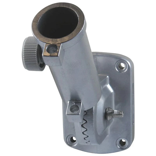 Silver finish Ultimate Adjustable Bracket with a thumb screw for setting multiple flagpole angles.