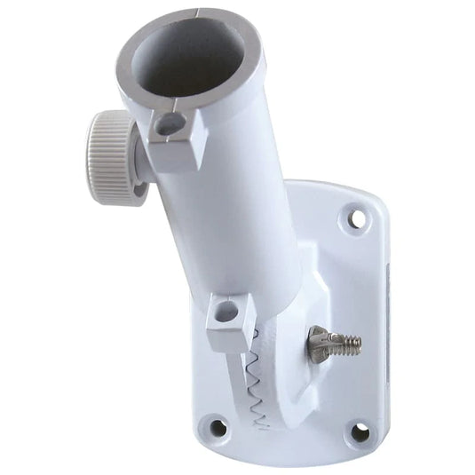 White finish Ultimate Adjustable Bracket, a heavy-duty, multi-angle flagpole wall mount with mounting plate.