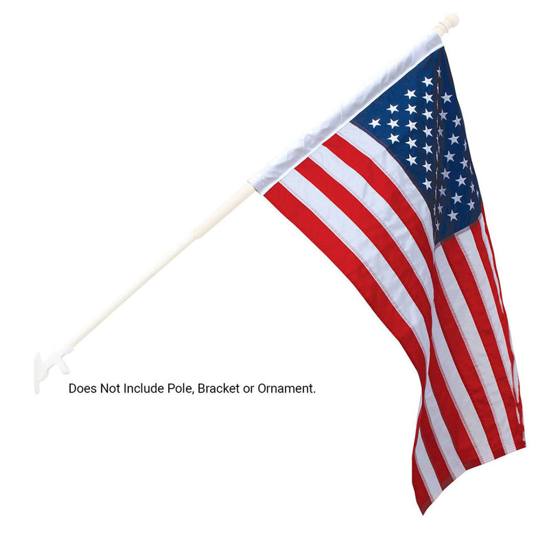 Load image into Gallery viewer, Banner style US flag shown mounted on indoor wall-mount flagpole. "Does not include pole, bracket or ornament." is shown underneath.

