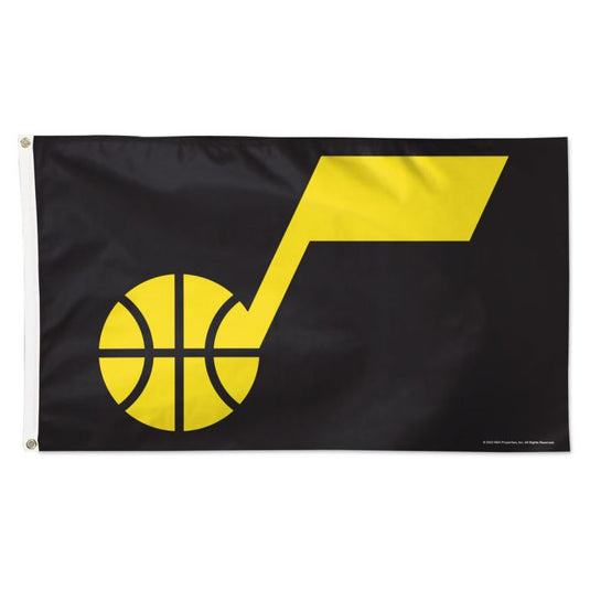 A black and yellow flag featuring the Utah Jazz logo, a basketball and a stylized 'U' note symbol.