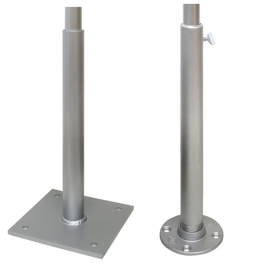 Side-by-side comparison of two vertical flagpole holders in silver aluminum: one with a square welded base and one with a round threaded base.