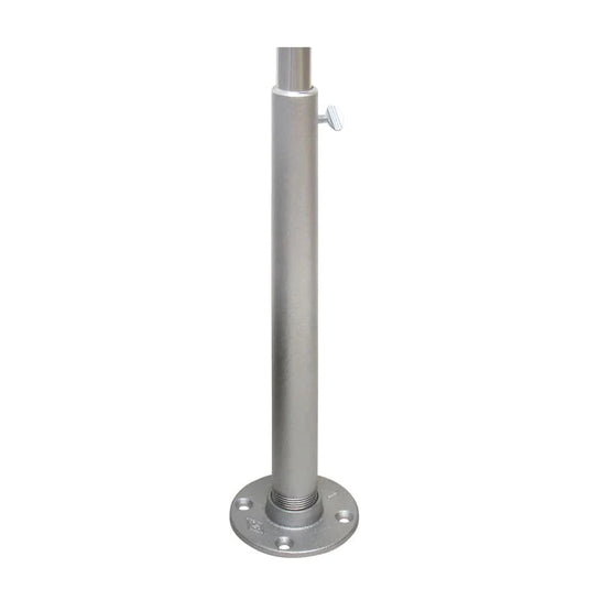 Single vertical flagpole holder mount made of silver aluminum, featuring a round, threaded base with four bolt holes and an adjustable thumb screw to secure the pole.