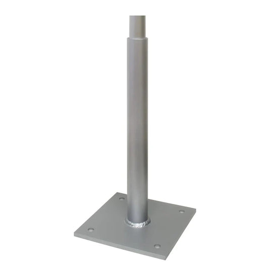 Single vertical flagpole holder mount made of silver aluminum, featuring a solid square welded base with four bolt holes for deck or wall mounting.