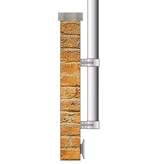 Close-up side view of the vertical wall mount hardware securing the heavy-duty 25-foot tapered flagpole shaft to a brick structure.