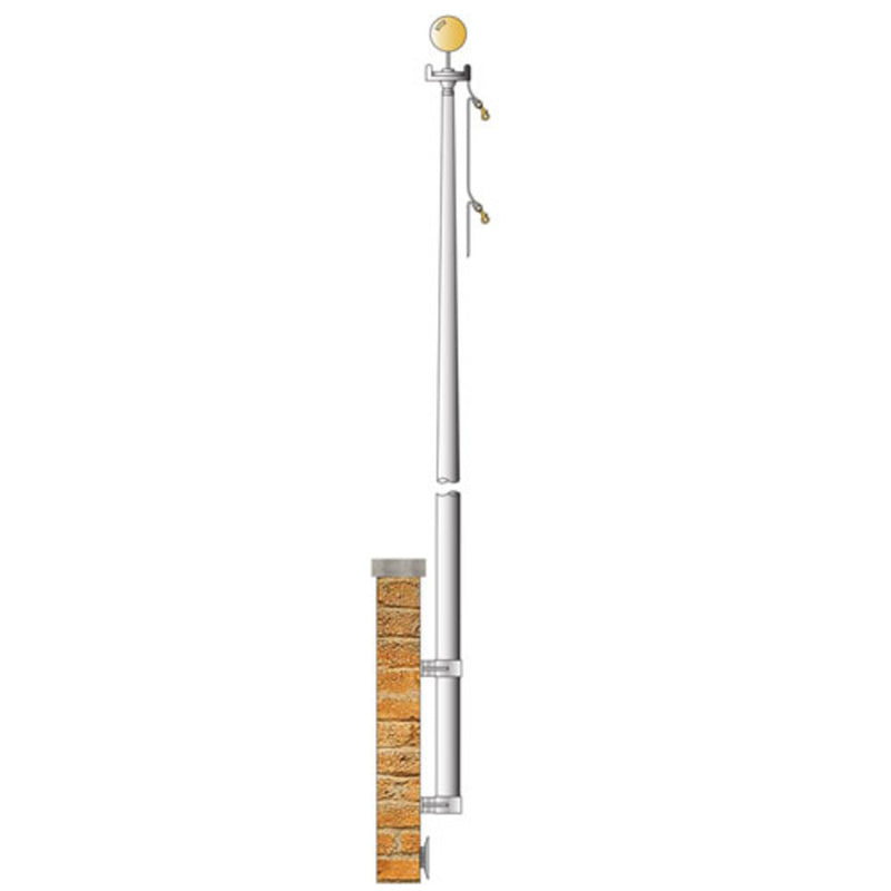 Load image into Gallery viewer, Diagram of the complete installation for the large 35-foot tapered shaft revolving flagpole, shown mounted vertically to a brick wall structure.
