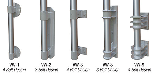 Comparison chart showing five different vertical wall mount bracket styles (VW-1, VW-2, VW-3, VW-8, VW-9) for securing the revolving flagpole shaft.