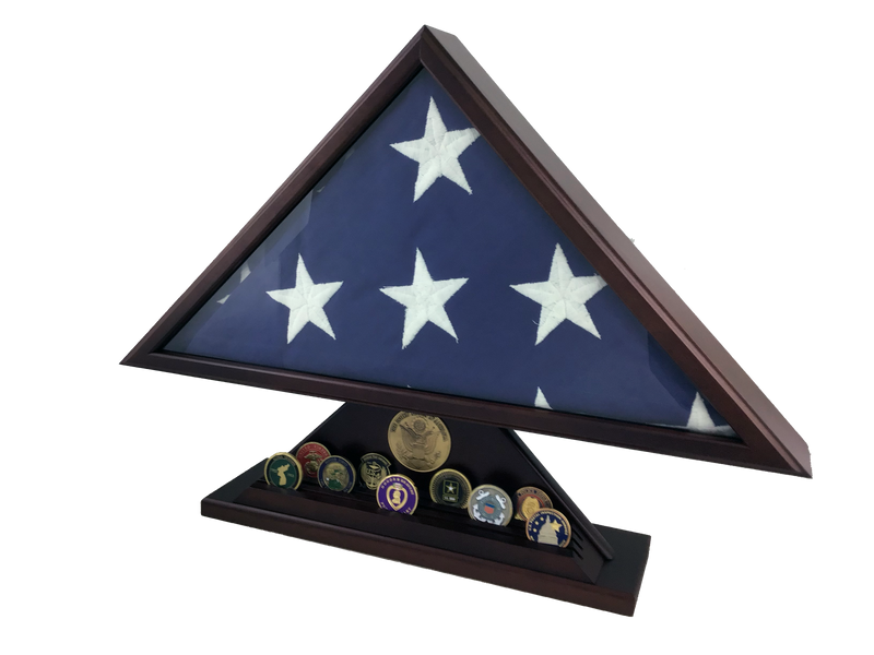 Load image into Gallery viewer, Veteran flag case and medal display with a dark cherry wood finish. The memorial case holds a folded flag and includes a dedicated base for displaying challenge coins and a commemorative medallion.

