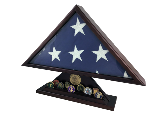 Veteran flag case and medal display with a dark cherry wood finish. The memorial case holds a folded flag and includes a dedicated base for displaying challenge coins and a commemorative medallion.