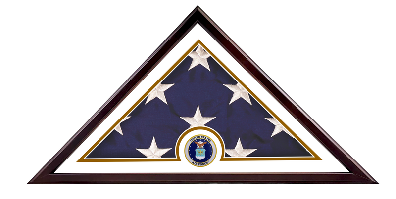 Load image into Gallery viewer, Veteran Freedom Flag Case made in the USA with a dark frame and white border mat, highlighting a folded US flag and the official US Air Force medallion centered at the base.
