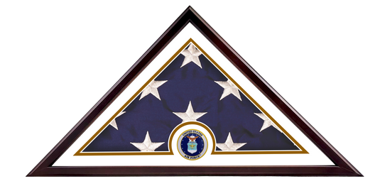 Veteran Freedom Flag Case made in the USA with a dark frame and white border mat, highlighting a folded US flag and the official US Air Force medallion centered at the base.