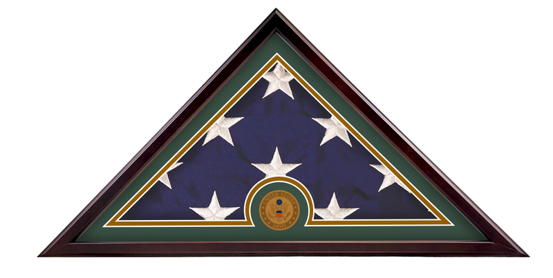 Load image into Gallery viewer, Veteran Freedom Flag Case with a dark wood frame, displaying a folded flag with a green and gold border mat, featuring the official US Army medallion centered on the bottom edge.
