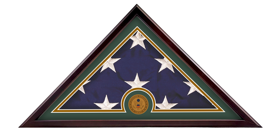 Veteran Freedom Flag Case with a dark wood frame, displaying a folded flag with a green and gold border mat, featuring the official US Army medallion centered on the bottom edge.