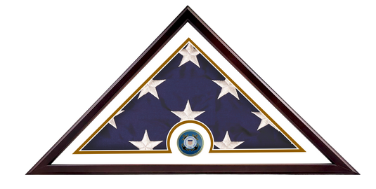 Veteran Freedom Flag Case with a dark wood frame, featuring a folded flag and the official US Coast Guard medallion centered at the bottom, framed by a gold and white border mat.