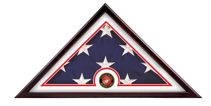 Load image into Gallery viewer, Veteran Freedom Flag Case with a dark wood frame and red border mat, showcasing a folded flag with the official US Marine Corps medallion prominently displayed at the base.
