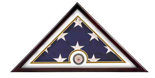 Veteran Freedom Flag Case made in the USA with a dark frame, displaying a folded flag and the official US Navy medallion centered on the bottom edge with a gold and white border mat.