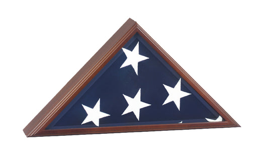 Triangular Vice Presidential Flag Case made in the USA with a dark mahogany wood finish, designed to hold a folded veteran or burial flag. This view shows no seal on the glass.