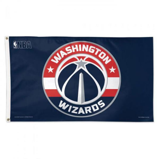 Deluxe Washington Wizards 3x5 NBA flag featuring the team's official logo on a solid navy blue field. The logo displays a basketball stylized as the Washington Monument, surrounded by a red, white, and gray ring with the words 