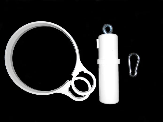 Load image into Gallery viewer, Individual components of the weight ring for fiberglass flagpoles, showing the large white plastic ring, the cylindrical weight (ballast tube), and a carabiner clip.
