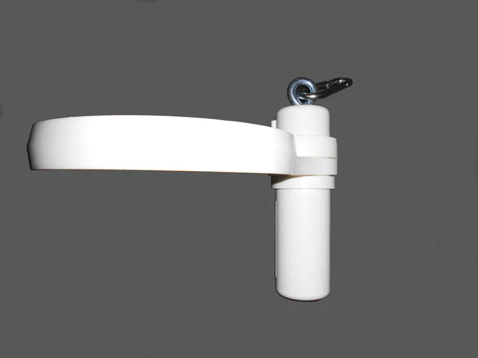 Load image into Gallery viewer, Side view of the weight ring for fiberglass flagpoles assembly, showing the white plastic ring attached to the cylindrical weight tube with a metal eyelet on top.
