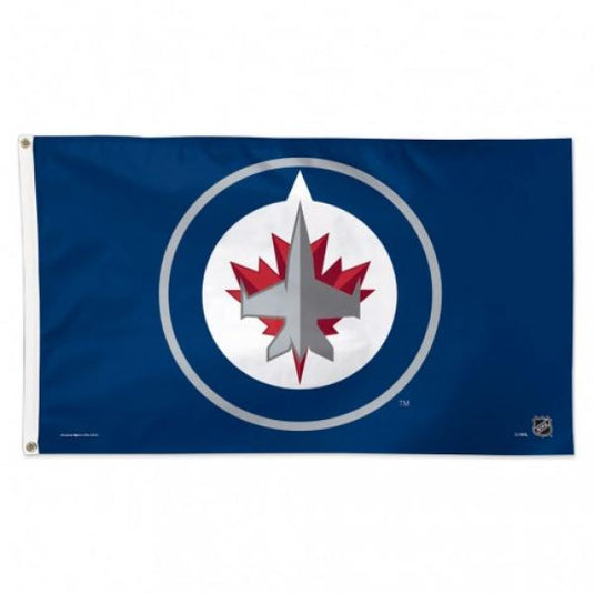Deluxe Winnipeg Jets 3x5 NHL flag featuring the team's logo on a solid navy blue field. The logo shows a gray fighter jet over a red maple leaf, all encased in a gray and white circle.