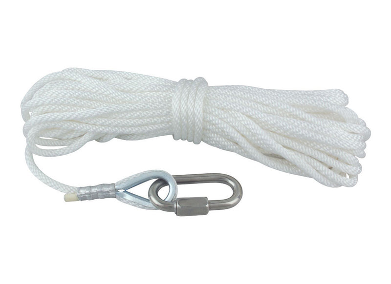 Load image into Gallery viewer, Coiled wire core rope assembly for internal halyard flagpoles, featuring white braided rope terminated with a metal thimble and heavy-duty carabiner clip.
