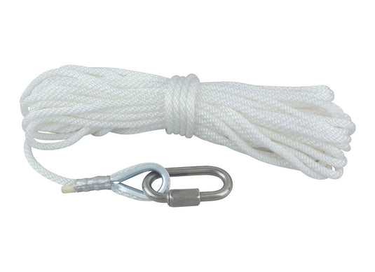 Coiled wire core rope assembly for internal halyard flagpoles, featuring white braided rope terminated with a metal thimble and heavy-duty carabiner clip.