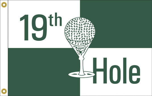Green and white 19th Hole novelty boat flag featuring the text “19th Hole” and a martini glass shaped like a golf tee with a golf ball on top.