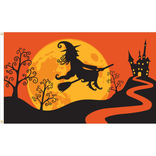 A flag featuring a whimsical witch design against a orange and black background with a full moon and trees.