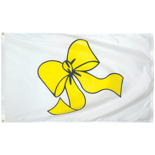 A 3'x5' nylon flag with a yellow ribbon design symbolizing support for military personnel